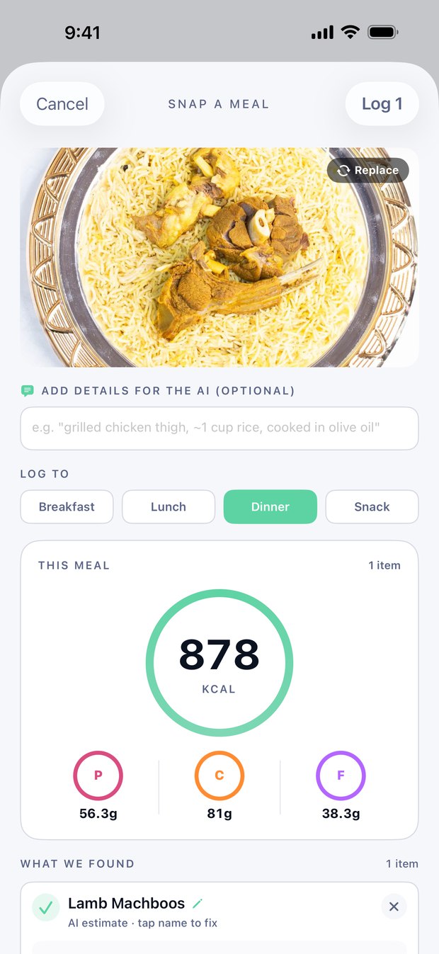 A Voltra meal scan of lamb machboos: the photo, the estimated calories and macros, and the item it found